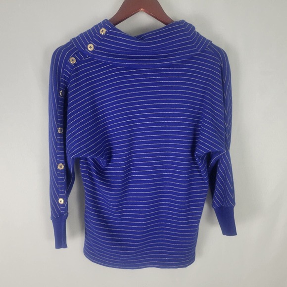 Rafaella Womens Sweater XS Petite Blue Metallic Striped Long Sleeve Cowl Neck - Picture 2 of 10